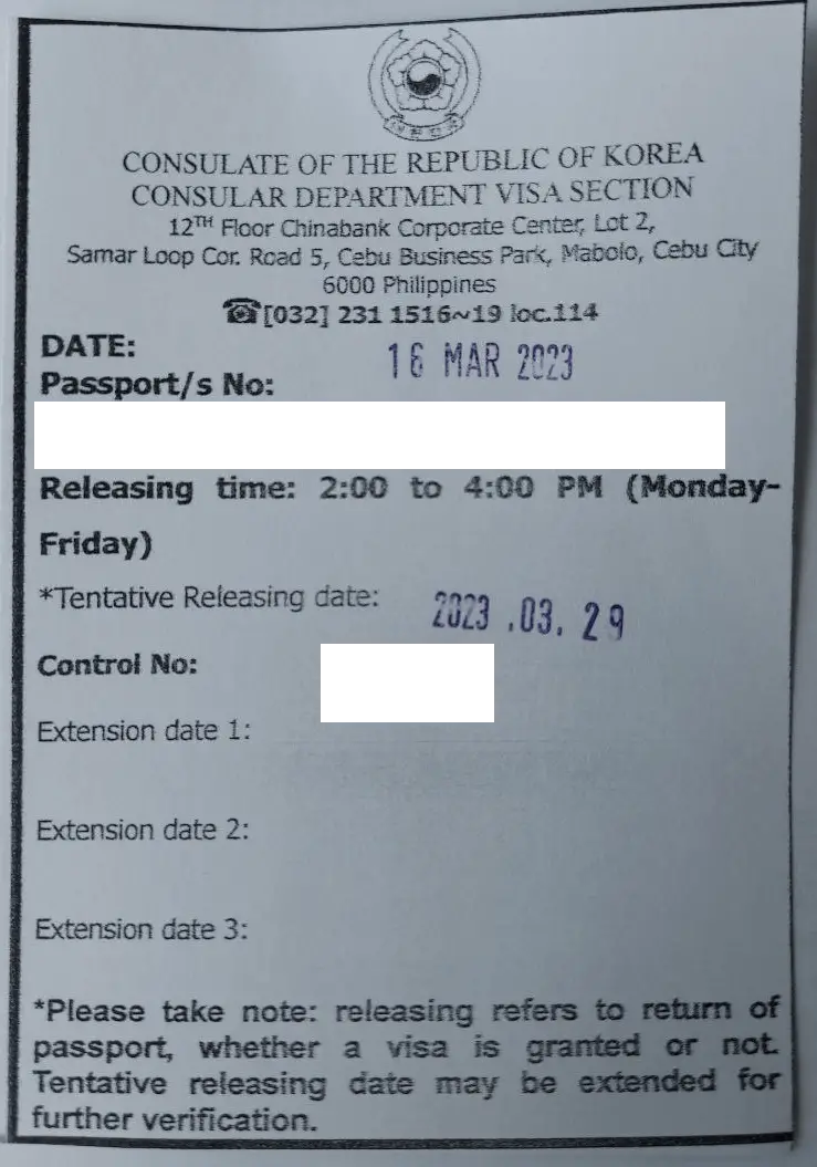 South Korea visa in Cebu releasing slip