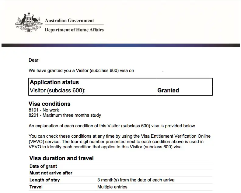 Australia Visitor Visa Grant Notice Sample
