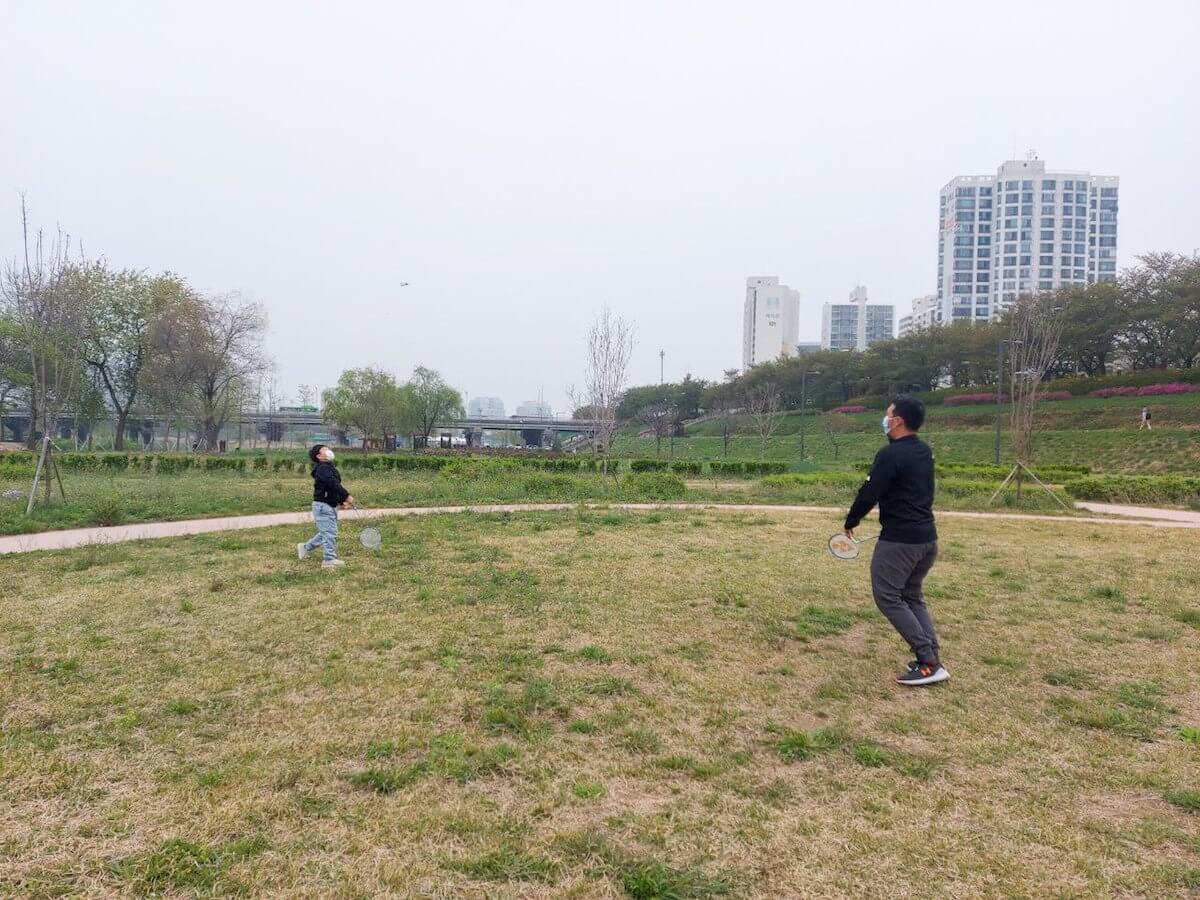 Playing badminton during spring in Korea