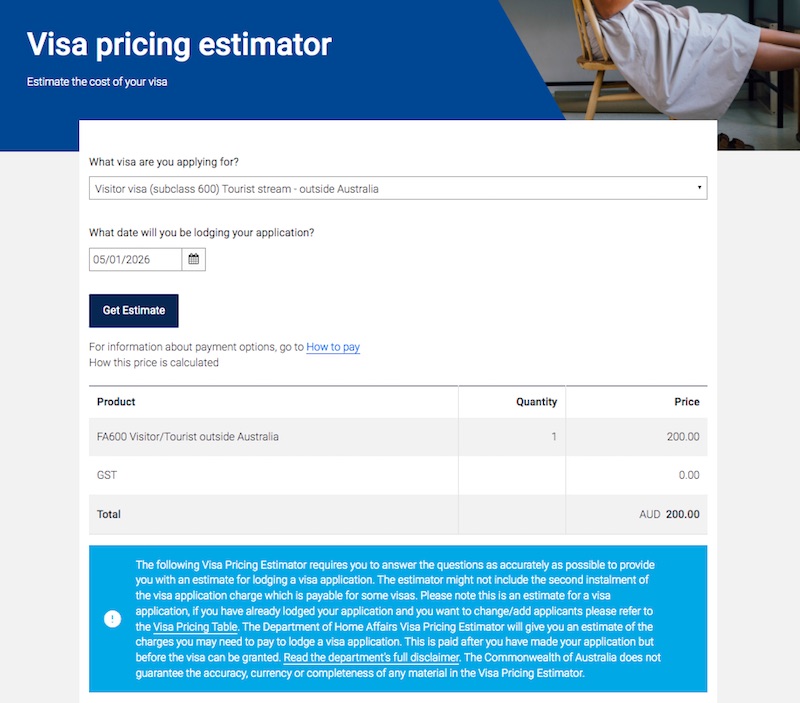 Australia Visitor Visa Pricing Estimator