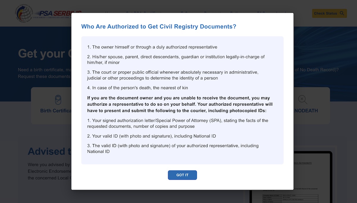 How to get a PSA birth certificate online via PSA Serbilis