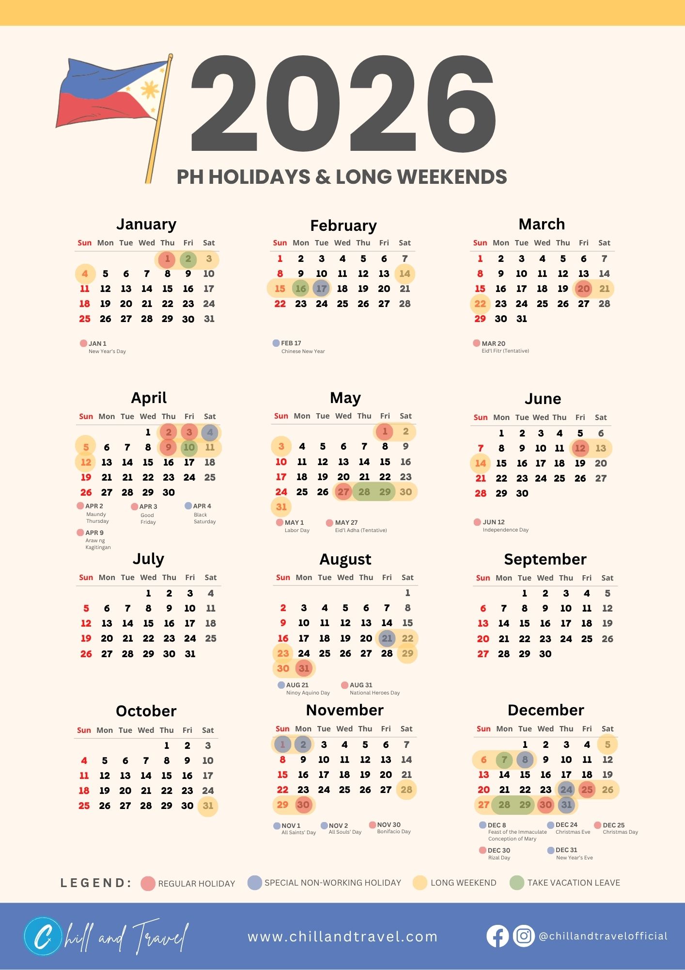 2026 Philippine Holidays and Long Weekends Calendar