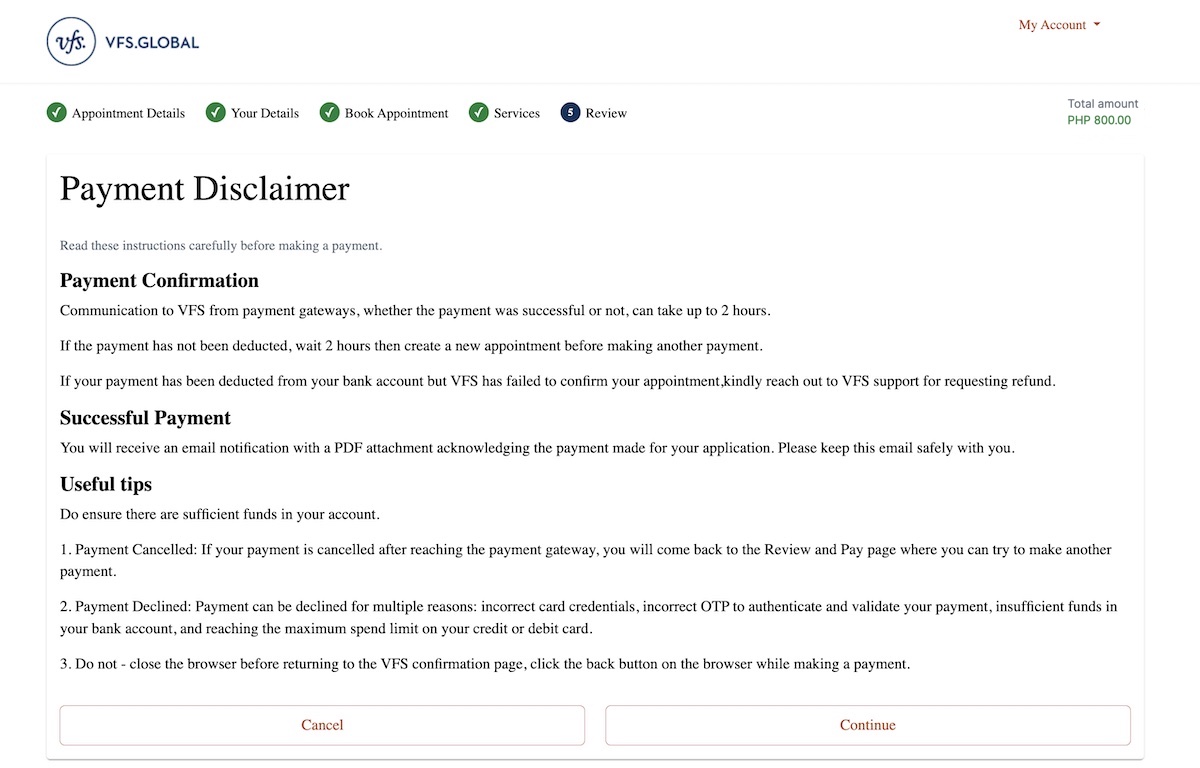 JVAC by VFS Global - Payment Disclaimer