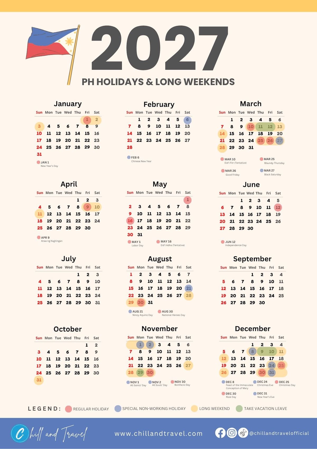 2027 Philippine Holidays and Long Weekends Calendar